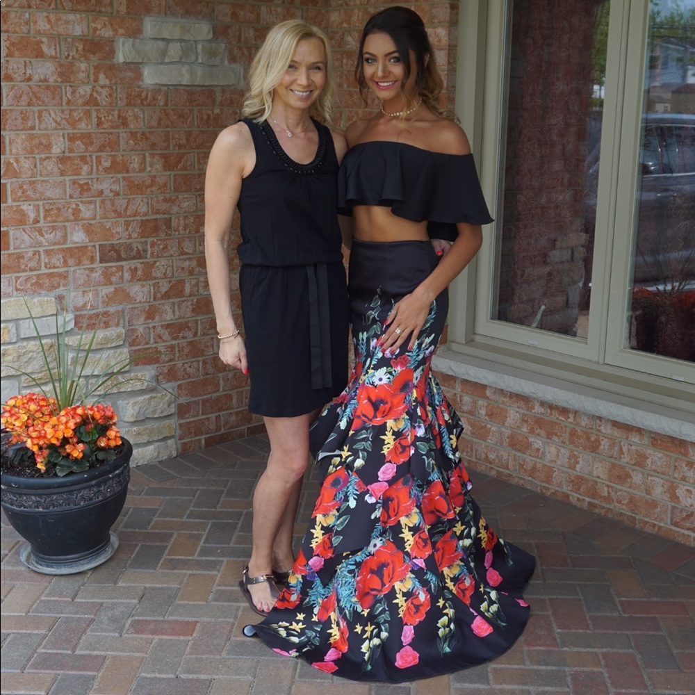 Black floral Alyce Paris prom dress